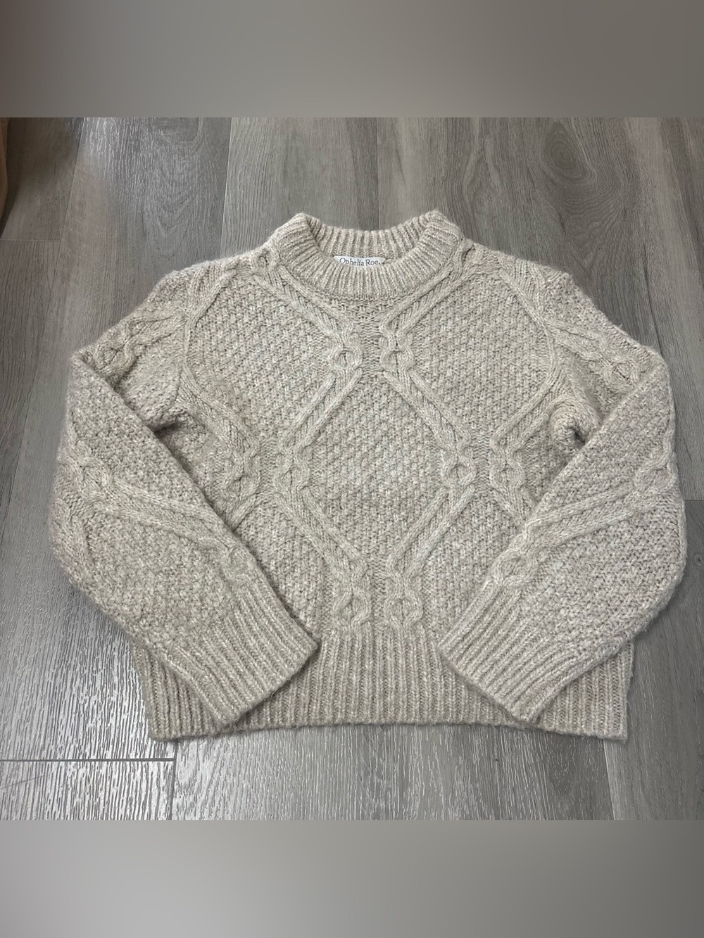 Ophelia Roe Fisherman Neutral Pullover Cable Knit Sweater Wool Blend Size Small